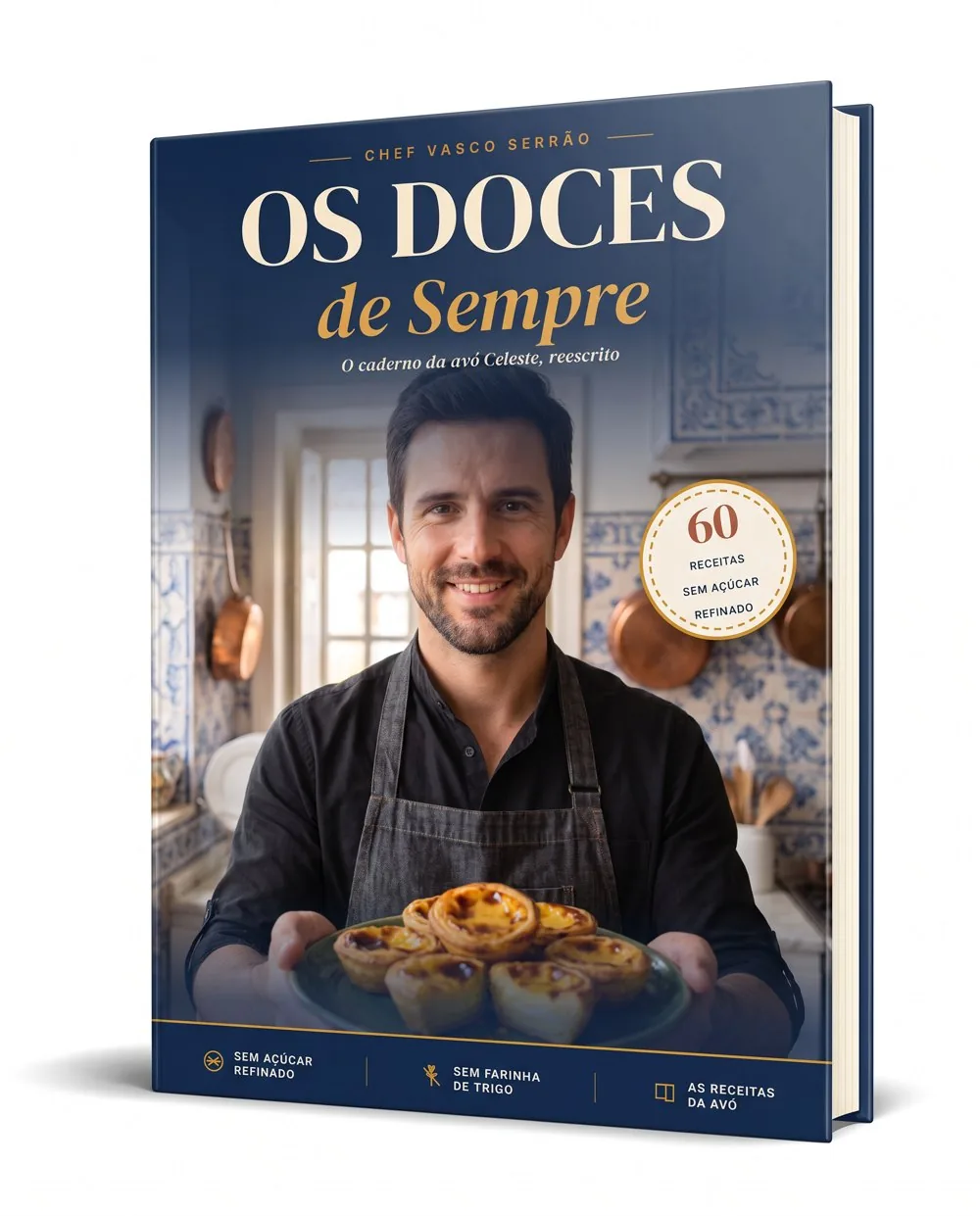 O livro Os Doces de Sempre, do Chef Vasco, na bancada da cozinha