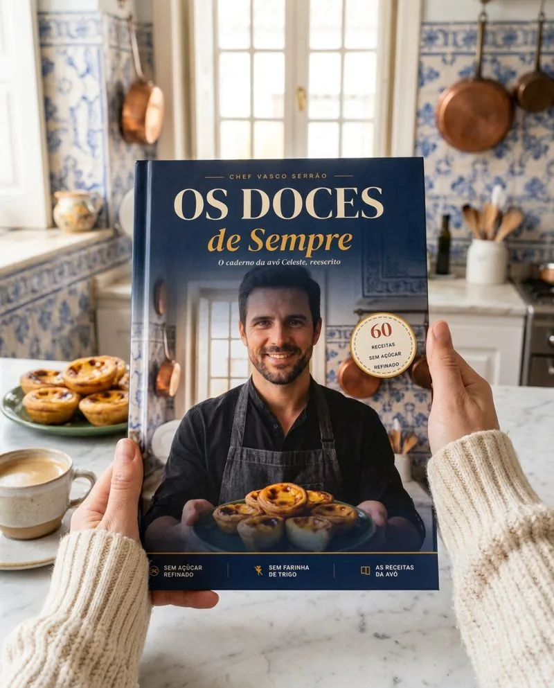 O livro Os Doces de Sempre impresso, nas mãos, numa cozinha